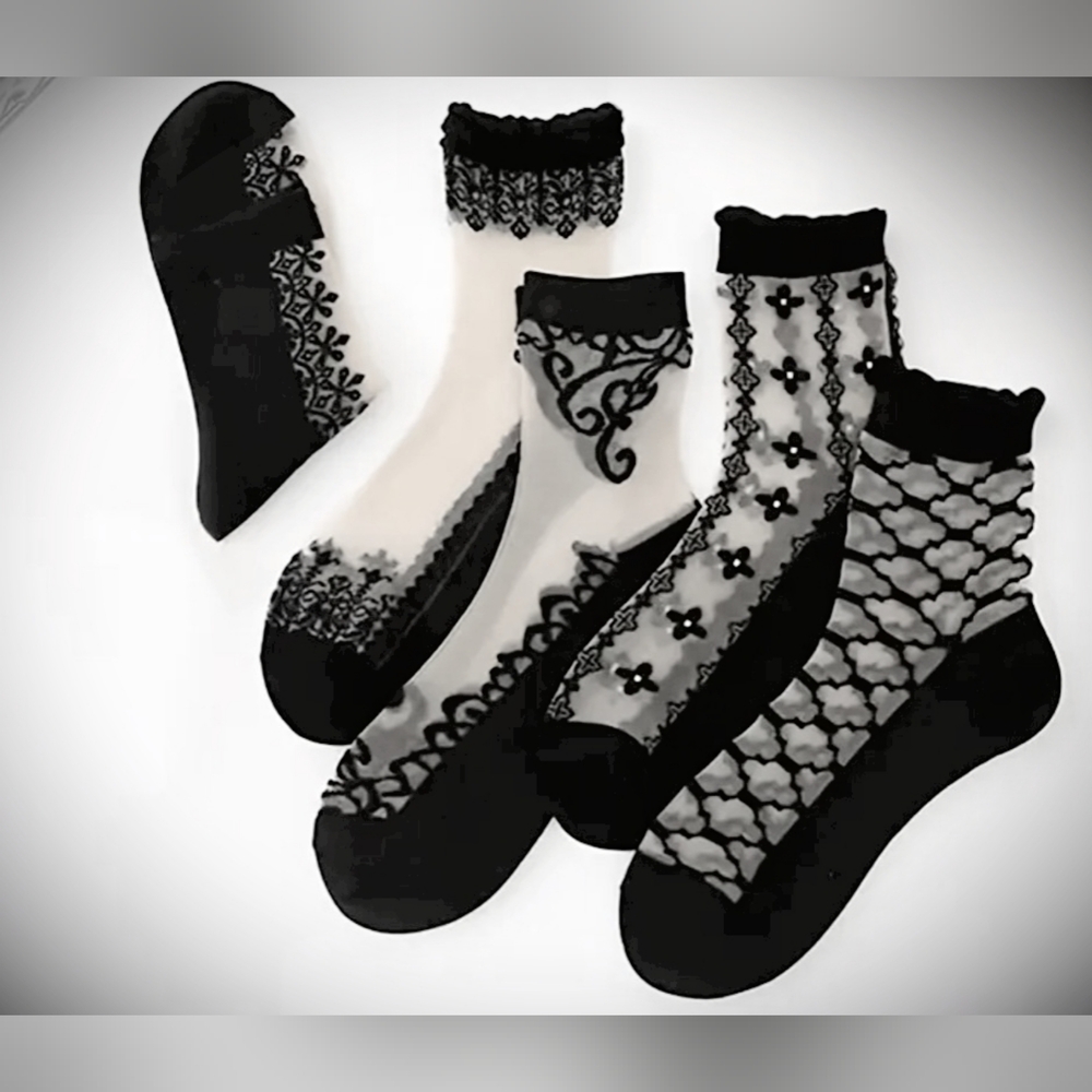 Black and White Sheer Patterned Socks Set Of 5 One Size